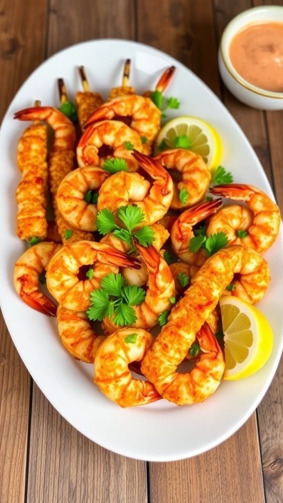 Crispy Air Fryer Shrimp Skewers Recipe Crispy air fryer shrimp skewers garnished with parsley and lemon on a rustic table.